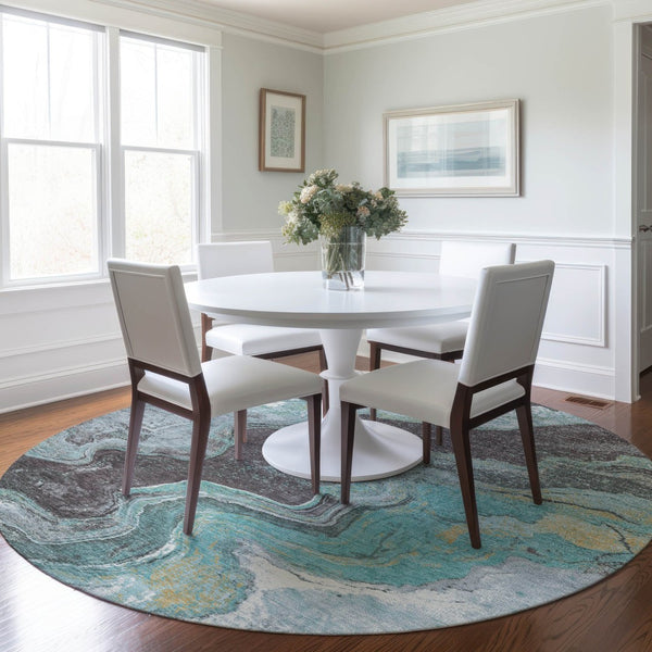 HomeRoots 8' Teal Blue & Charcoal Round Abstract Rug - Stylish, Washable, Durable for Indoor & Outdoor Use! 625429