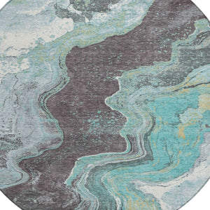 HomeRoots 8' Teal Blue & Charcoal Round Abstract Rug - Stylish, Washable, Durable for Indoor & Outdoor Use! 625429