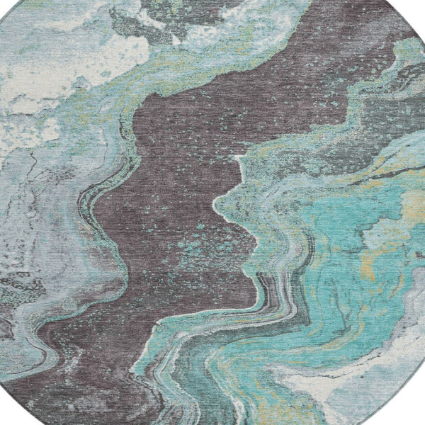 HomeRoots 8' Teal Blue & Charcoal Round Abstract Rug - Stylish, Washable, Durable for Indoor & Outdoor Use! 625429