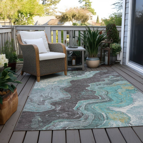 HomeRoots 8' X 10' Stylish Teal Blue & Charcoal Abstract Area Rug - Washable, Durable for Indoor/Outdoor Use 625430