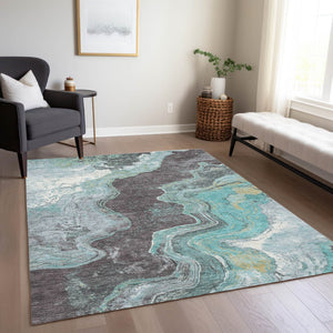 HomeRoots 8' X 10' Stylish Teal Blue & Charcoal Abstract Area Rug - Washable, Durable for Indoor/Outdoor Use 625430