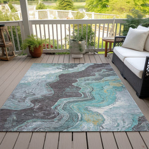 HomeRoots 8' X 10' Stylish Teal Blue & Charcoal Abstract Area Rug - Washable, Durable for Indoor/Outdoor Use 625430