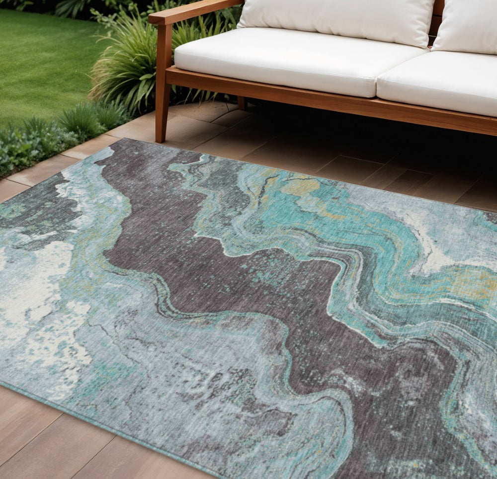 HomeRoots 10' X 14' Teal Blue & Charcoal Abstract Washable Area Rug – Stylish, Durable for Indoor & Outdoor Use 625432