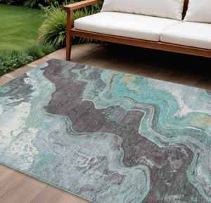 HomeRoots 10' X 14' Teal Blue & Charcoal Abstract Washable Area Rug – Stylish, Durable for Indoor & Outdoor Use 625432
