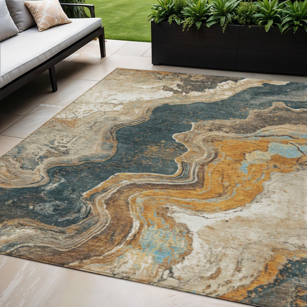 HomeRoots 5' X 8' Wheat and Charcoal Abstract Area Rug - Stylish, Washable, Indoor/Outdoor, Durable Design! 625434