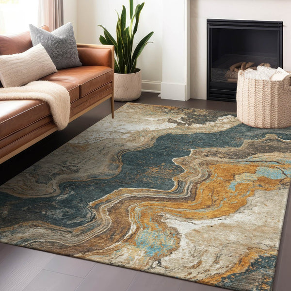 HomeRoots 5' X 8' Wheat and Charcoal Abstract Area Rug - Stylish, Washable, Indoor/Outdoor, Durable Design! 625434