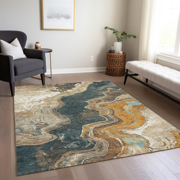 HomeRoots 5' X 8' Wheat and Charcoal Abstract Area Rug - Stylish, Washable, Indoor/Outdoor, Durable Design! 625434
