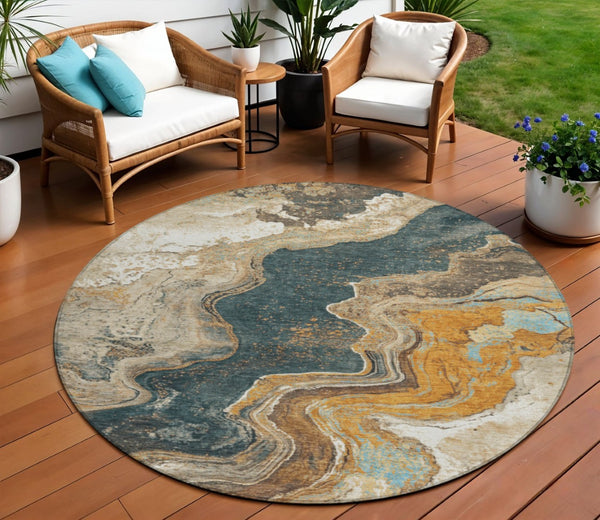 HomeRoots 8' Round Abstract Area Rug in Wheat & Charcoal - Washable, Durable, Perfect for Indoor & Outdoor Use 625435