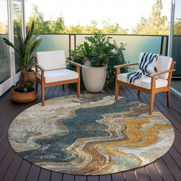 HomeRoots 8' Round Abstract Area Rug in Wheat & Charcoal - Washable, Durable, Perfect for Indoor & Outdoor Use 625435