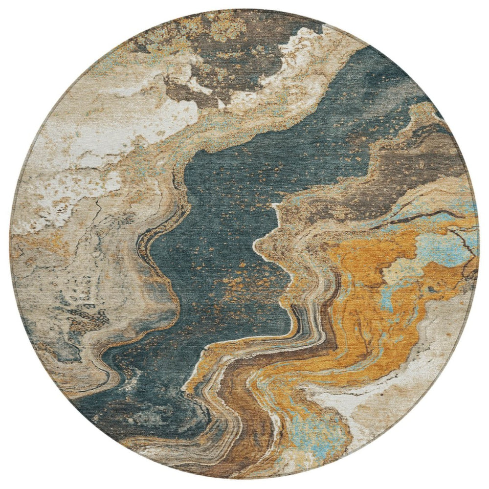 HomeRoots 8' Round Abstract Area Rug in Wheat & Charcoal - Washable, Durable, Perfect for Indoor & Outdoor Use 625435