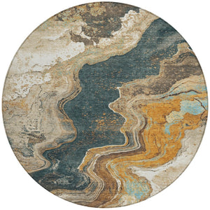 HomeRoots 8' Round Abstract Area Rug in Wheat & Charcoal - Washable, Durable, Perfect for Indoor & Outdoor Use 625435