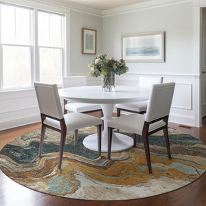 HomeRoots 8' Round Abstract Area Rug in Wheat & Charcoal - Washable, Durable, Perfect for Indoor & Outdoor Use 625435