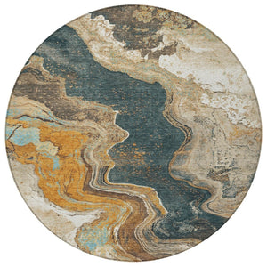 HomeRoots 8' Round Abstract Area Rug in Wheat & Charcoal - Washable, Durable, Perfect for Indoor & Outdoor Use 625435