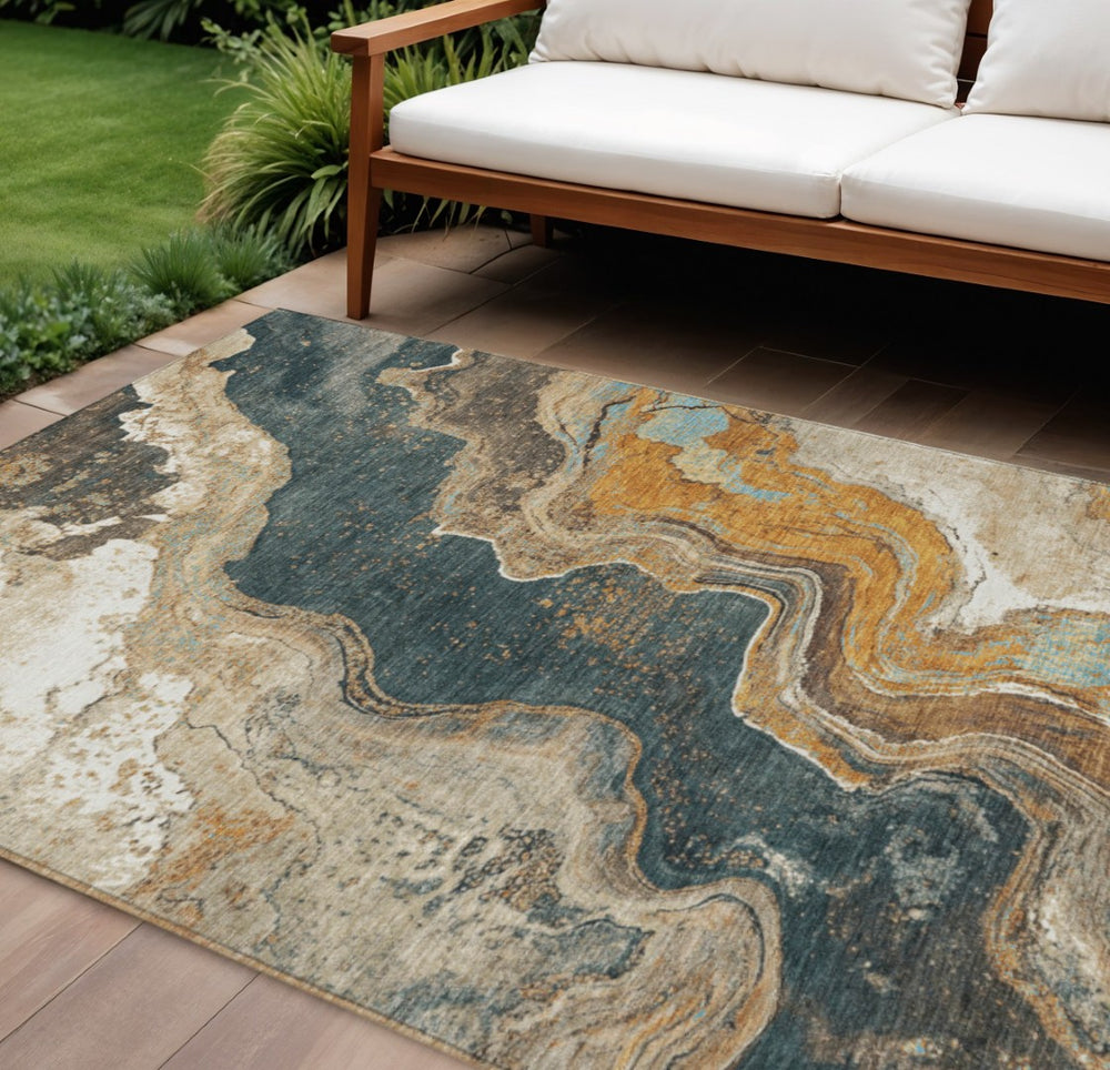 HomeRoots 8' X 10' Contemporary Wheat & Charcoal Abstract Washable Area Rug – Indoor/Outdoor Versatility! 625436