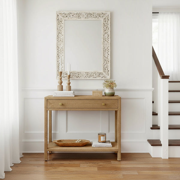 Butler Specialty Butler Como 31.5" Rectangular Banana Leaf Console Table with Soft-Close Drawer & Lower Shelf, Natural Brown Finish 6254404