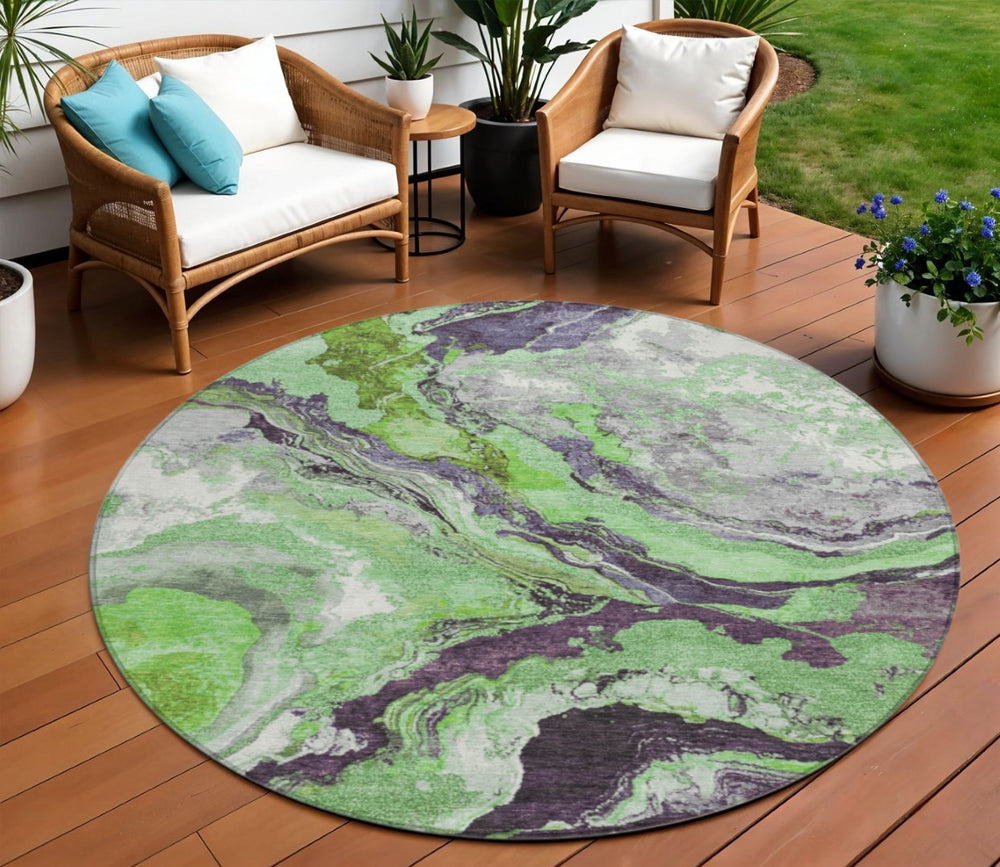 HomeRoots 8' Green and Charcoal Round Abstract Rug – Washable, Durable, Modern Design for Indoor & Outdoor Use 625441