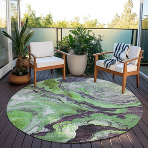 HomeRoots 8' Green and Charcoal Round Abstract Rug – Washable, Durable, Modern Design for Indoor & Outdoor Use 625441