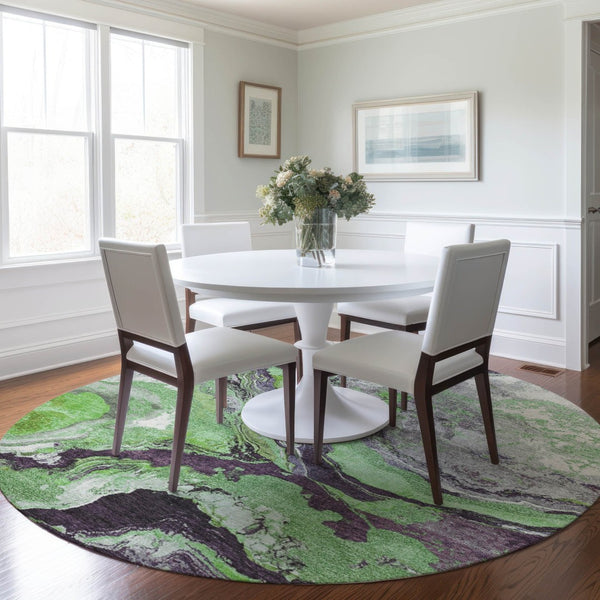 HomeRoots 8' Green and Charcoal Round Abstract Rug – Washable, Durable, Modern Design for Indoor & Outdoor Use 625441