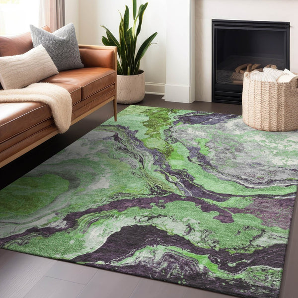 HomeRoots 9' X 12' Stylish Green and Charcoal Abstract Washable Rug for Indoor and Outdoor High-Traffic Areas 625443