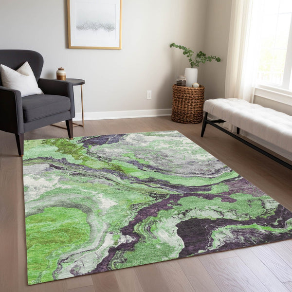 HomeRoots 10' Green and Charcoal Abstract Rug - Versatile Washable Area Rug for Indoor & Outdoor Spaces! 625444