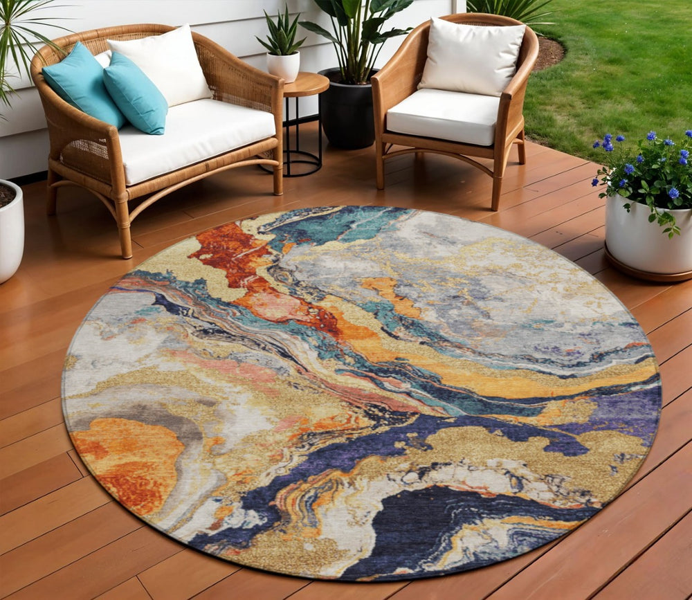 HomeRoots 8' Round Abstract Area Rug in Linen & Charcoal - Durable, Washable for Indoor/Outdoor Spaces! 625447