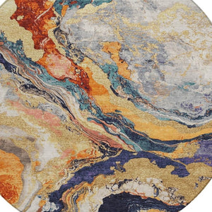 HomeRoots 8' Round Abstract Area Rug in Linen & Charcoal - Durable, Washable for Indoor/Outdoor Spaces! 625447