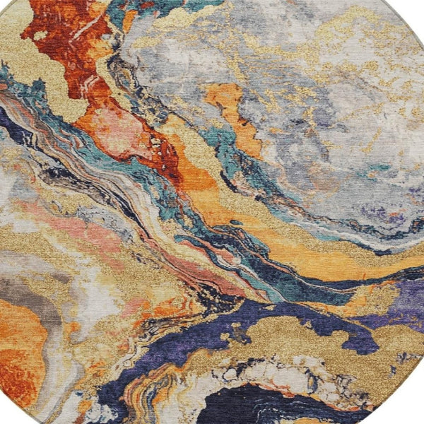 HomeRoots 8' Round Abstract Area Rug in Linen & Charcoal - Durable, Washable for Indoor/Outdoor Spaces! 625447