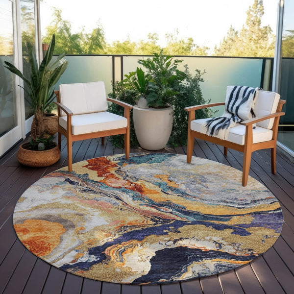 HomeRoots 8' Round Abstract Area Rug in Linen & Charcoal - Durable, Washable for Indoor/Outdoor Spaces! 625447