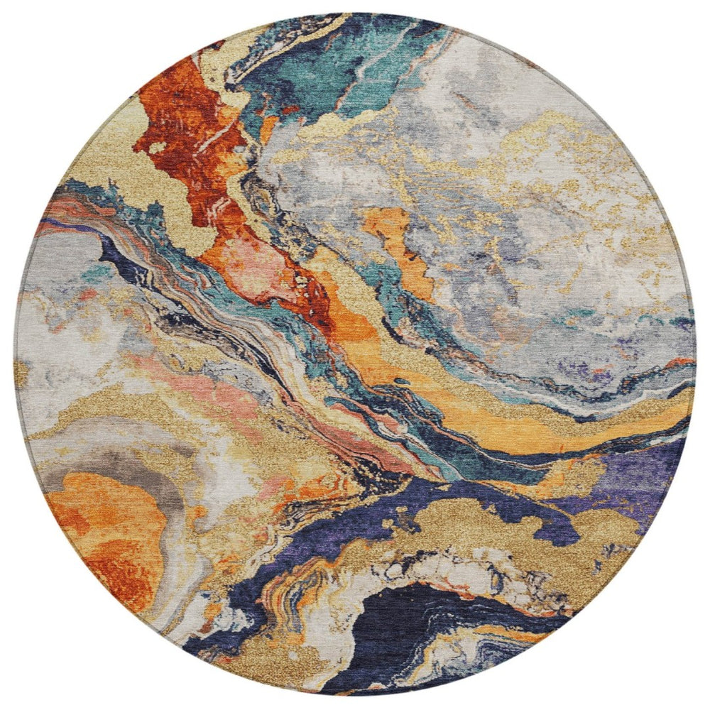 HomeRoots 8' Round Abstract Area Rug in Linen & Charcoal - Durable, Washable for Indoor/Outdoor Spaces! 625447