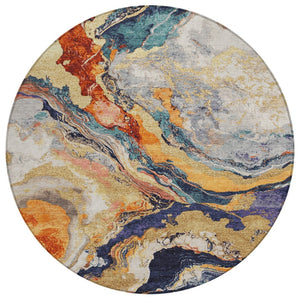 HomeRoots 8' Round Abstract Area Rug in Linen & Charcoal - Durable, Washable for Indoor/Outdoor Spaces! 625447