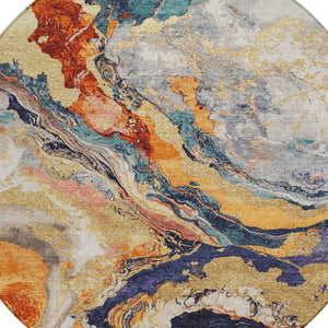 HomeRoots 8' Round Abstract Area Rug in Linen & Charcoal - Durable, Washable for Indoor/Outdoor Spaces! 625447