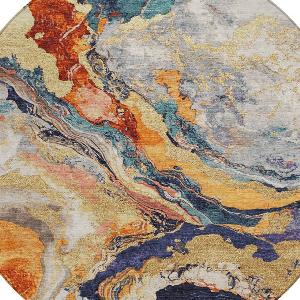HomeRoots 8' Round Abstract Area Rug in Linen & Charcoal - Durable, Washable for Indoor/Outdoor Spaces! 625447