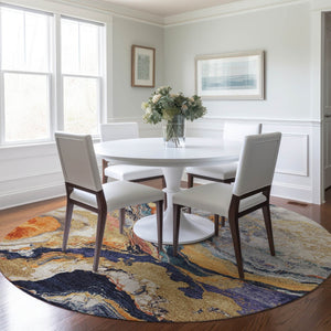 HomeRoots 8' Round Abstract Area Rug in Linen & Charcoal - Durable, Washable for Indoor/Outdoor Spaces! 625447