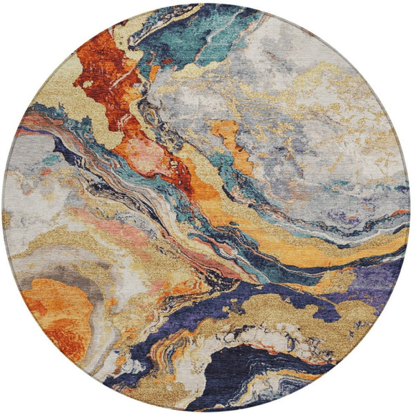 HomeRoots 8' Round Abstract Area Rug in Linen & Charcoal - Durable, Washable for Indoor/Outdoor Spaces! 625447
