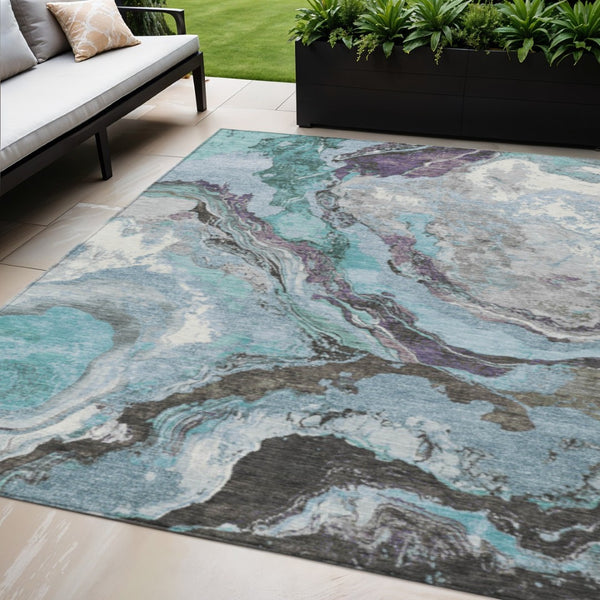 HomeRoots 5' X 8' Teal Blue & Charcoal Abstract Washable Area Rug - Durable, Stylish for Indoors & Outdoors! 625458