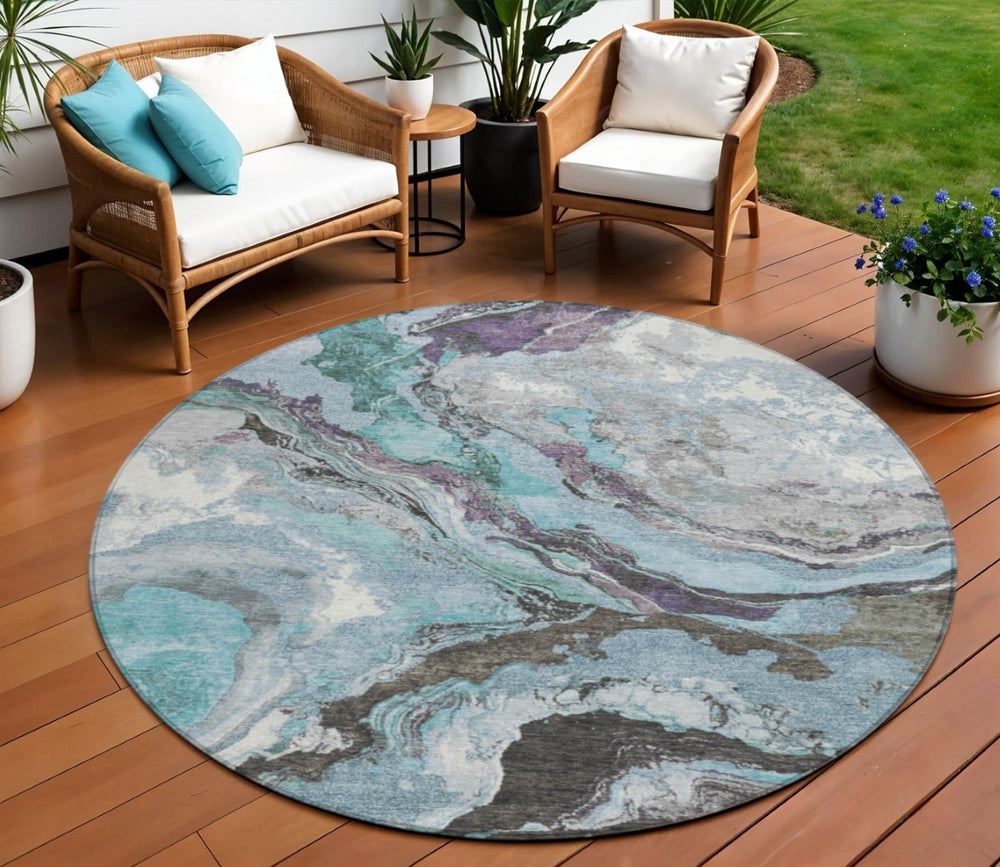 HomeRoots 8' Teal Blue and Charcoal Round Abstract Rug - Stylish, Washable, Indoor/Outdoor, Durable Comfort! 625459