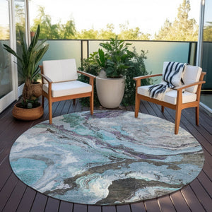 HomeRoots 8' Teal Blue and Charcoal Round Abstract Rug - Stylish, Washable, Indoor/Outdoor, Durable Comfort! 625459