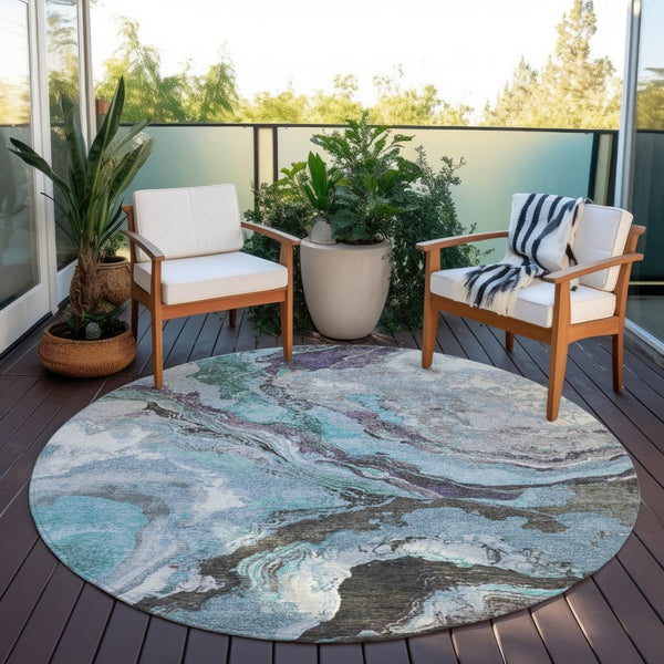 HomeRoots 8' Teal Blue and Charcoal Round Abstract Rug - Stylish, Washable, Indoor/Outdoor, Durable Comfort! 625459