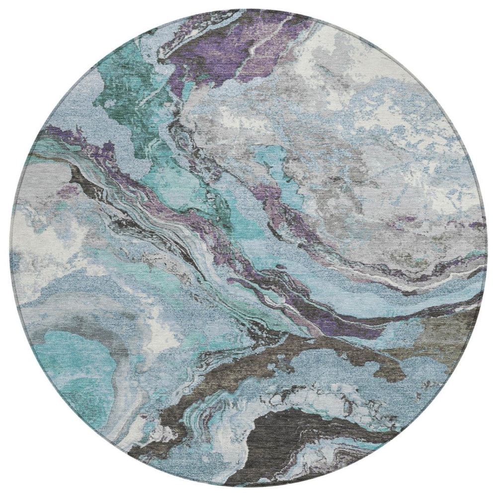 HomeRoots 8' Teal Blue and Charcoal Round Abstract Rug - Stylish, Washable, Indoor/Outdoor, Durable Comfort! 625459