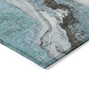 HomeRoots 8' Teal Blue and Charcoal Round Abstract Rug - Stylish, Washable, Indoor/Outdoor, Durable Comfort! 625459