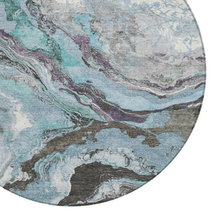 HomeRoots 8' Teal Blue and Charcoal Round Abstract Rug - Stylish, Washable, Indoor/Outdoor, Durable Comfort! 625459