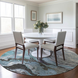 HomeRoots 8' Teal Blue and Charcoal Round Abstract Rug - Stylish, Washable, Indoor/Outdoor, Durable Comfort! 625459