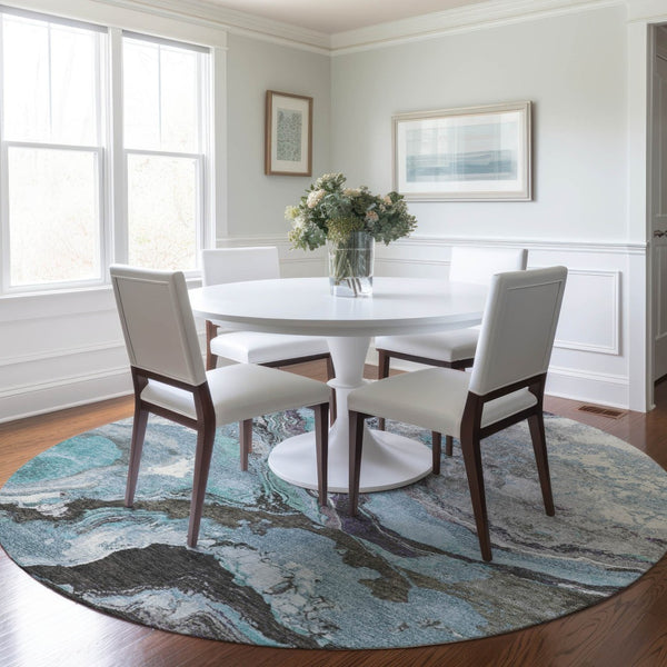 HomeRoots 8' Teal Blue and Charcoal Round Abstract Rug - Stylish, Washable, Indoor/Outdoor, Durable Comfort! 625459