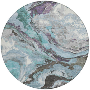 HomeRoots 8' Teal Blue and Charcoal Round Abstract Rug - Stylish, Washable, Indoor/Outdoor, Durable Comfort! 625459