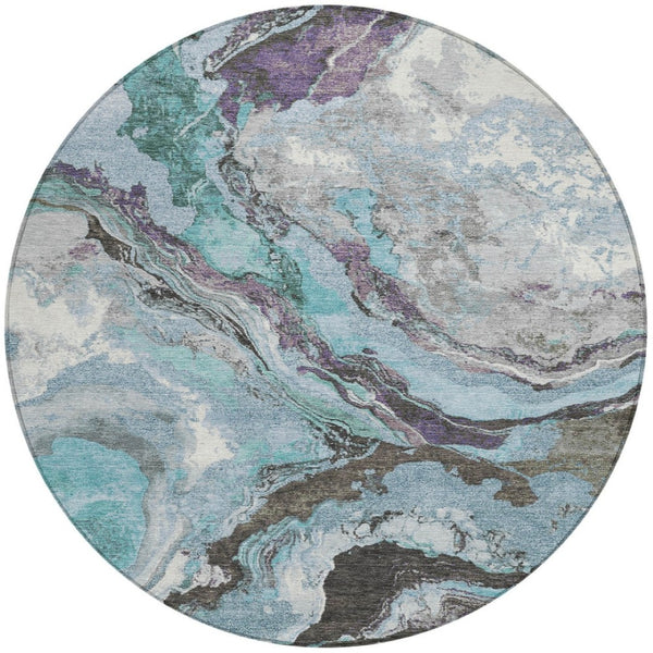 HomeRoots 8' Teal Blue and Charcoal Round Abstract Rug - Stylish, Washable, Indoor/Outdoor, Durable Comfort! 625459