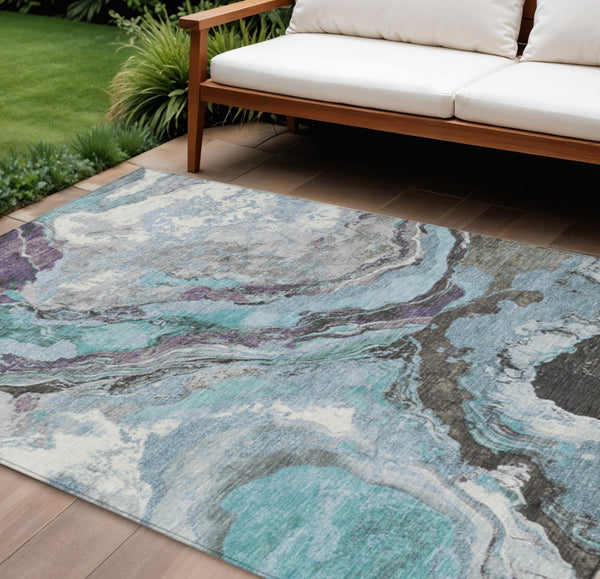 HomeRoots 8' X 10' Teal Blue & Charcoal Abstract Rug - Washable, Durable, Stylish for Indoor & Outdoor Spaces 625460