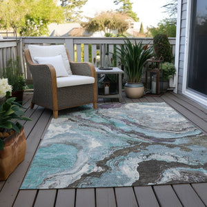 HomeRoots 8' X 10' Teal Blue & Charcoal Abstract Rug - Washable, Durable, Stylish for Indoor & Outdoor Spaces 625460
