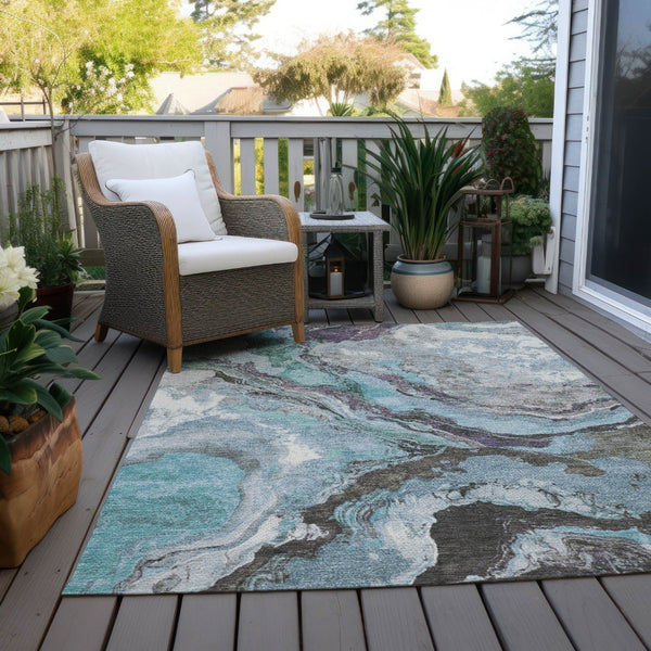 HomeRoots 8' X 10' Teal Blue & Charcoal Abstract Rug - Washable, Durable, Stylish for Indoor & Outdoor Spaces 625460