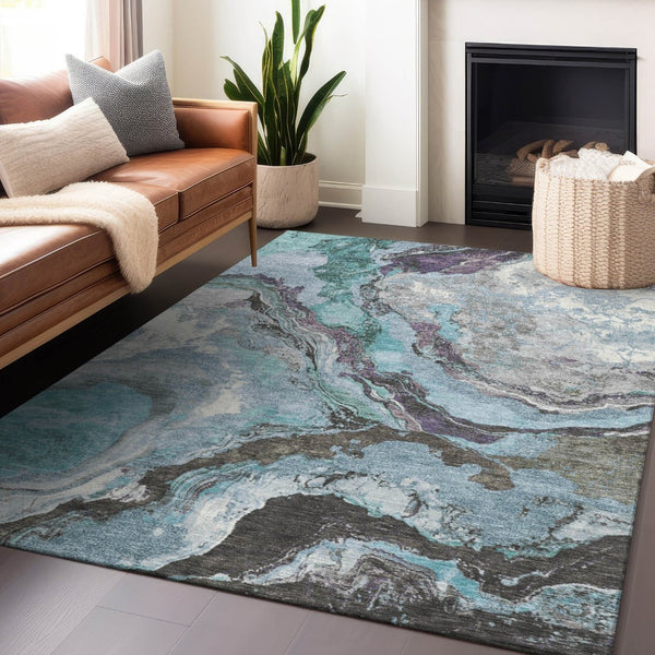HomeRoots 8' X 10' Teal Blue & Charcoal Abstract Rug - Washable, Durable, Stylish for Indoor & Outdoor Spaces 625460