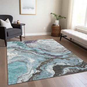 HomeRoots 8' X 10' Teal Blue & Charcoal Abstract Rug - Washable, Durable, Stylish for Indoor & Outdoor Spaces 625460
